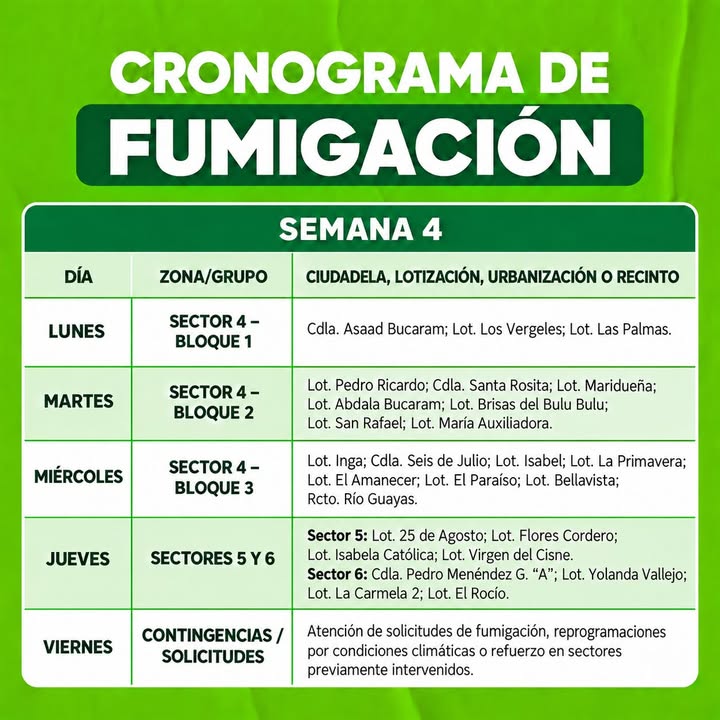 El Triunfo: Cronograma oficial de fumigación para esta semana