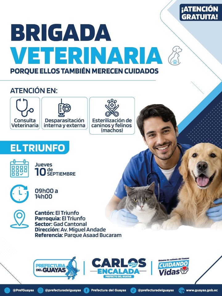 Brigada Veterinaria de la Prefectura del Guayas atenderá mascotas en El Triunfo el jueves 10